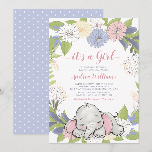 Invitation Baby shower de fille éléphante de couronne de fleu (Devant / Derrière)