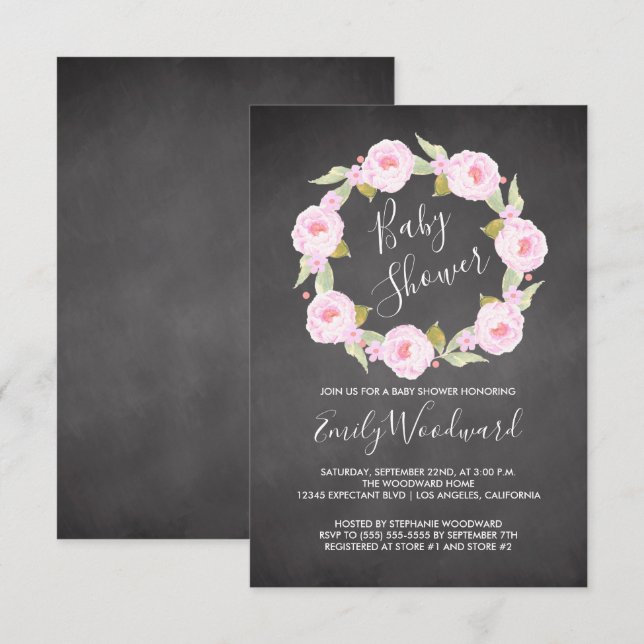 Invitation Baby shower de fille en carton rose fleuri (Devant / Derrière)