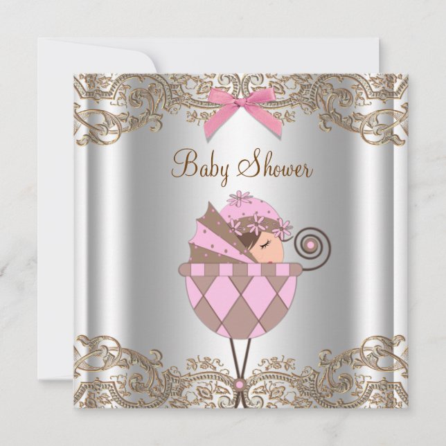 Invitation Baby shower de fille en dentelle Brown rose (Devant)