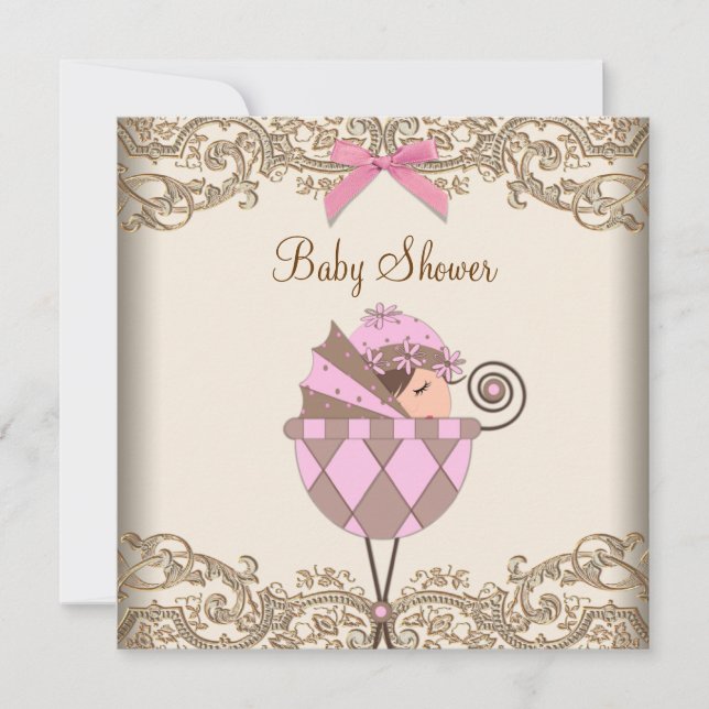 Invitation Baby shower de fille en dentelle Brown rose (Devant)