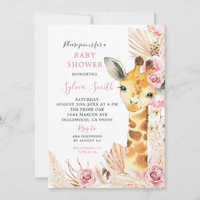 Invitation Baby shower de fille en girafe Boho rose roux (Devant)