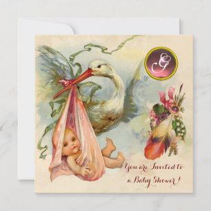 Invitation Baby shower DE FILLE EN STORK ROSE, MONOGRAMME EN