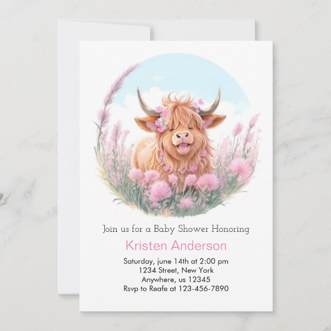 Invitation Baby shower de fille Fleur sauvage de vache Highla (Devant)