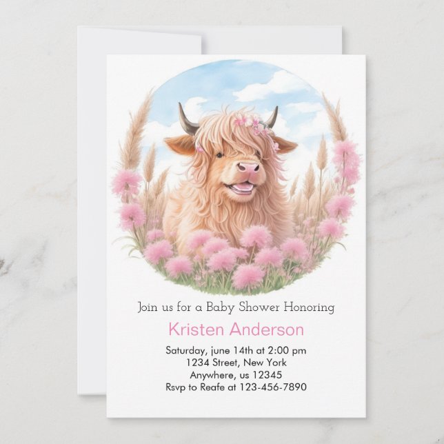Invitation Baby shower de fille Fleur sauvage rosée de vache  (Devant)