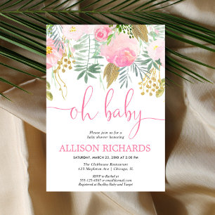 Invitation Baby shower de fille fleurie rose et or