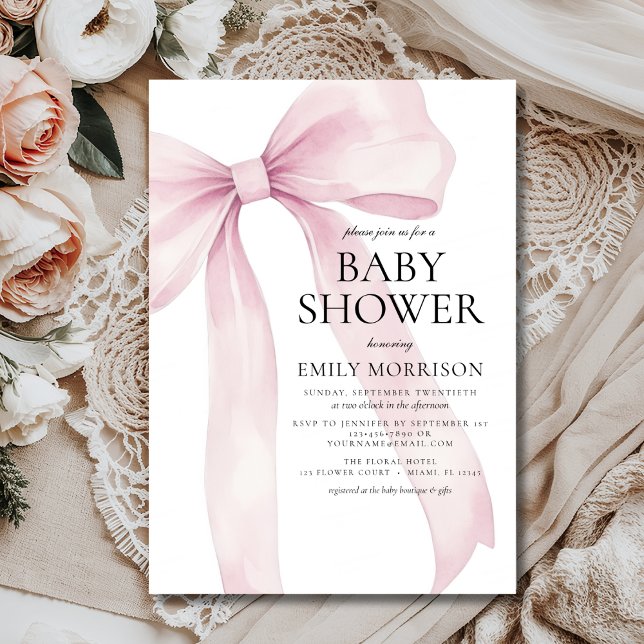 Invitation Baby shower de fille moderne Bow rose pâle (Créateur téléchargé)