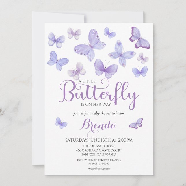 Invitation Baby shower de fille papillon Lavender Little (Devant)