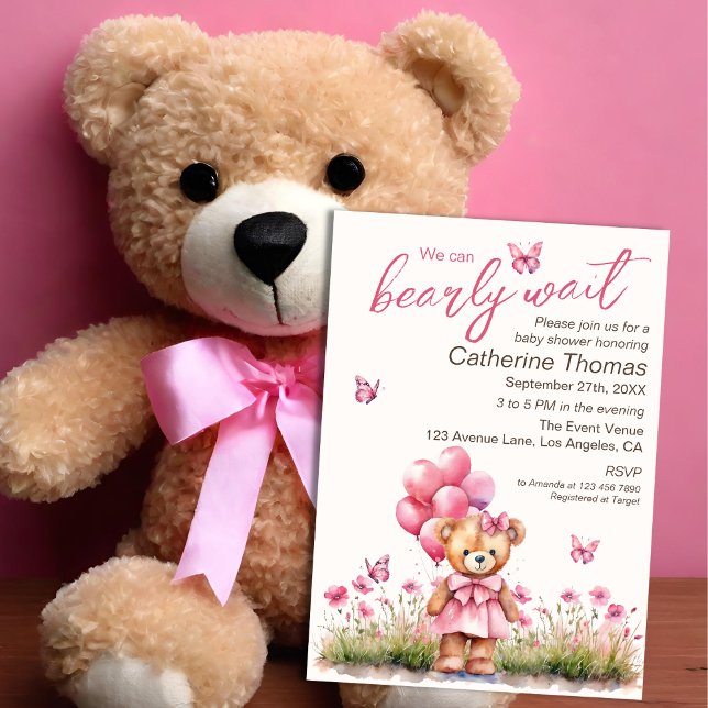 Invitation Baby shower de fille papillon rose de l'ours en pe (Créateur téléchargé)
