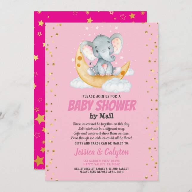 Invitation baby shower de fille par courrier, lune d'éléphant (Devant / Derrière)
