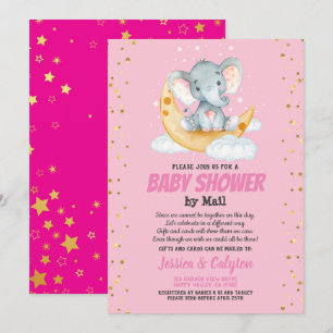 Invitation baby shower de fille par courrier, lune d'éléphant