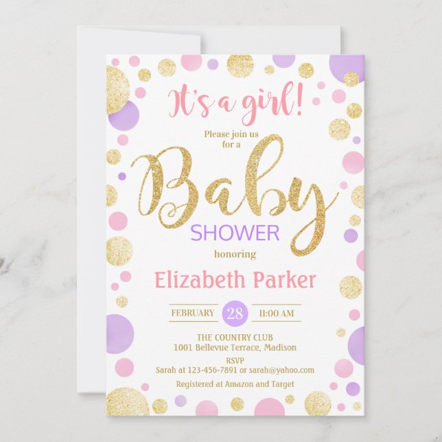 Invitation Baby shower de fille - Pots d'or violet rose (Devant)