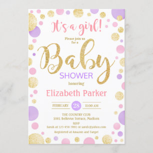 Invitation Baby shower de fille - Pots d'or violet rose