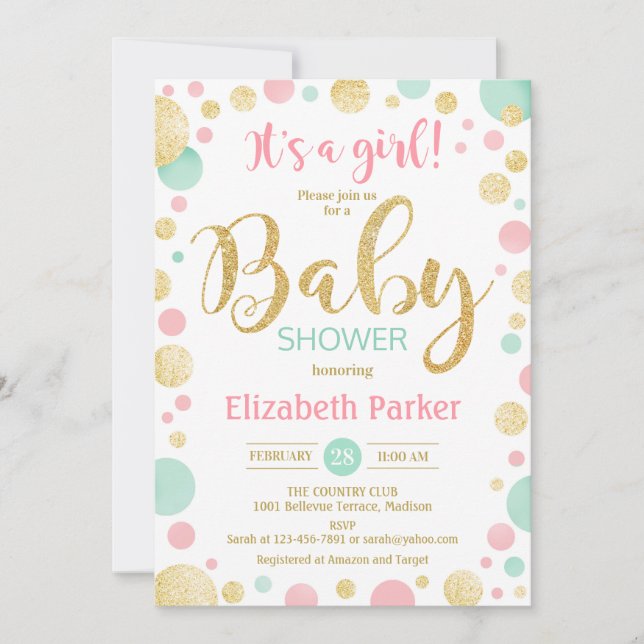 Invitation Baby shower de fille - Pots verts de menthe d'or r (Devant)