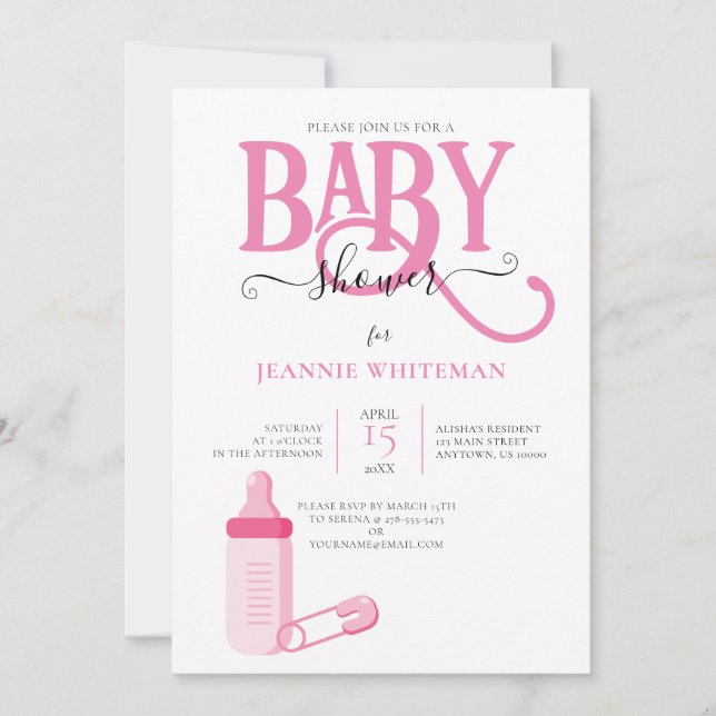 Invitation Baby shower DE FILLE ROSE AVEC BOUTEILLE DE BÉBÉ (Devant)