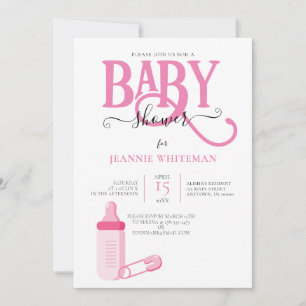Invitation Baby shower DE FILLE ROSE AVEC BOUTEILLE DE BÉBÉ