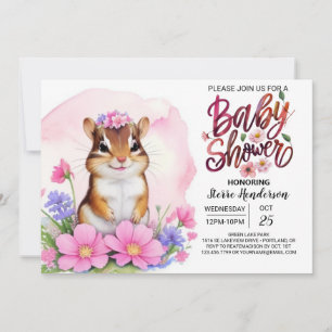 Invitation Baby shower de fille rose de la forêt d'écureuils 