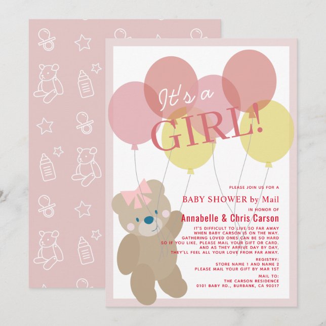 Invitation Baby shower de fille rose de l'ours en peluche par (Devant / Derrière)