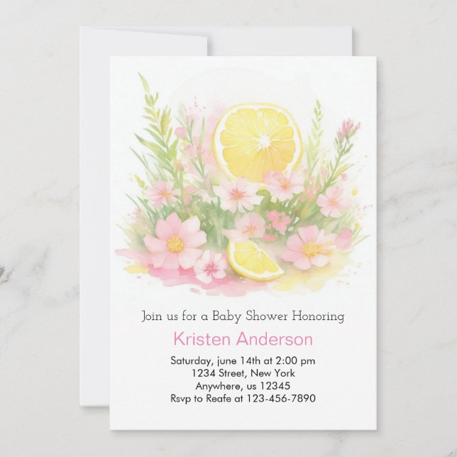 Invitation Baby shower de fille rose du jardin de citron ench (Devant)