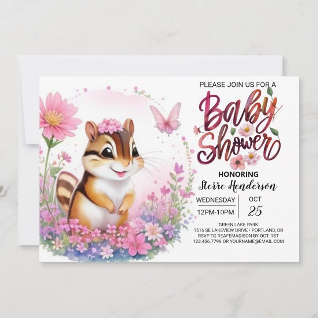 Invitation Baby shower de fille rose écureuil (Devant)