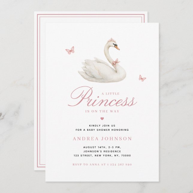 Invitation Baby shower de fille rose princesse Swan (Devant / Derrière)