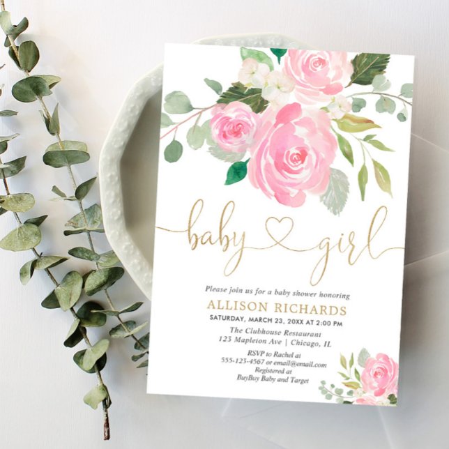 Invitation Baby shower de fille rose rose et or élégant (Créateur téléchargé)