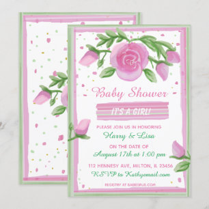 Invitation Baby shower de fille Rose rose et Sage Aquarelle