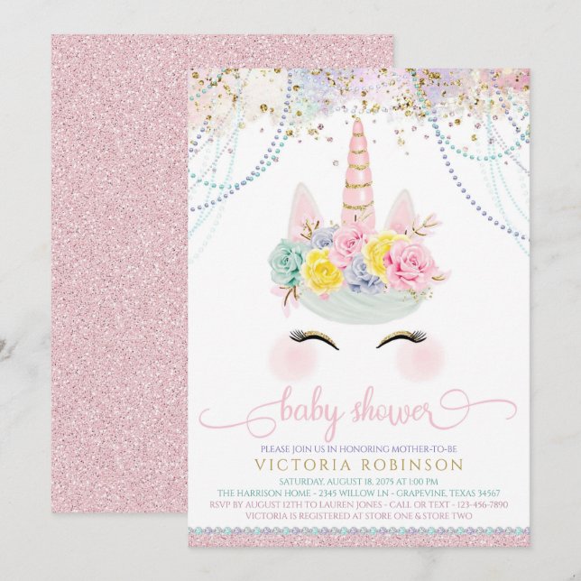 Invitation Baby shower de fille Unicorn rose pâle (Devant / Derrière)