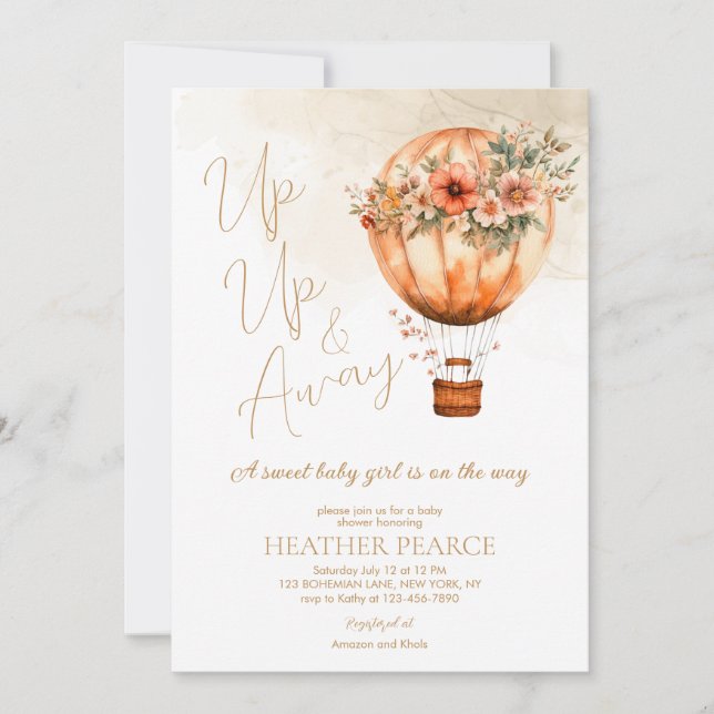 Invitation Baby shower de filles à ballon à air chaud Boho ve (Devant)