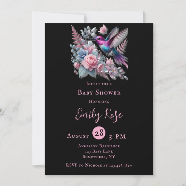Invitation Baby shower de filles colibri et rose en fleurs (Devant)