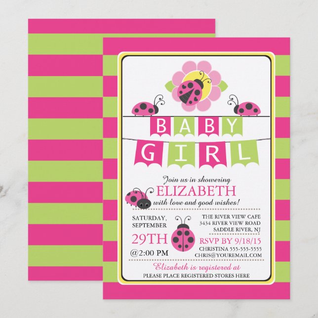 Invitation Baby shower de filles de coccinelle mig (Devant / Derrière)