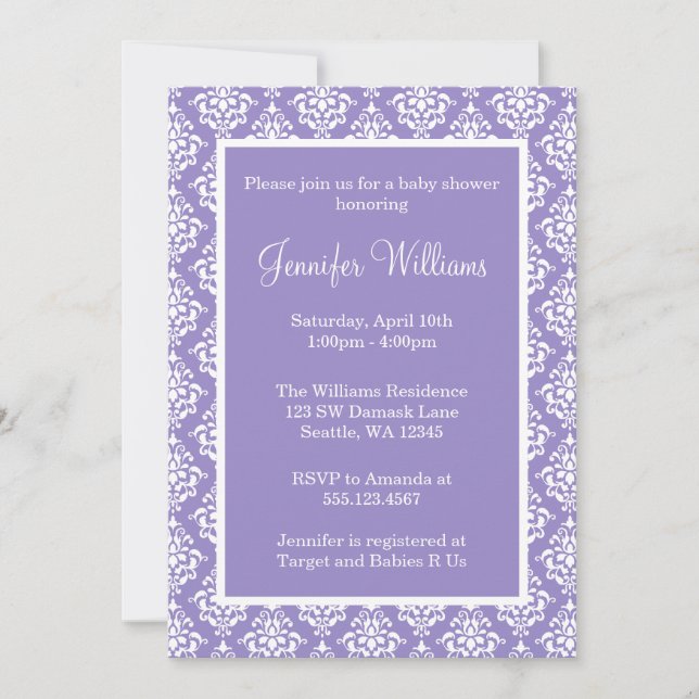 Invitation Baby shower de filles pourpres et blanches aux Dam (Devant)
