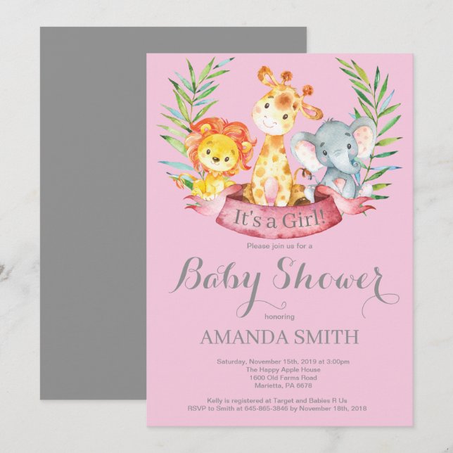Invitation Baby shower de filles Safari Jungle Ani (Devant / Derrière)