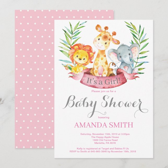 Invitation Baby shower de filles Safari Jungle Ani (Devant / Derrière)