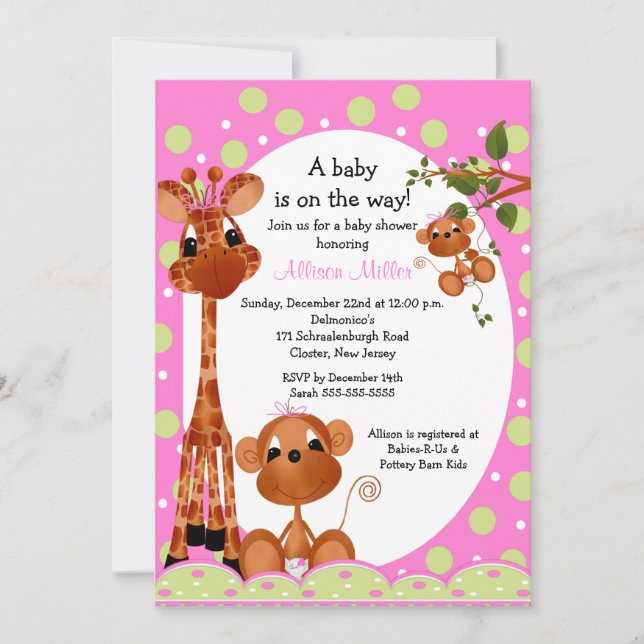 Invitation Baby shower de filles singes et perles (Devant)