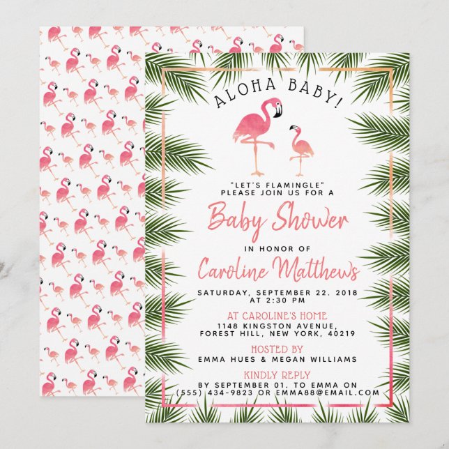 Invitation Baby shower de Flamant rose d'aquarelle Tropical P (Devant / Derrière)