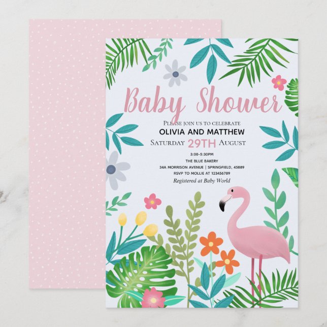Invitation Baby shower de Flamant rose de la jungle tropicale (Devant / Derrière)
