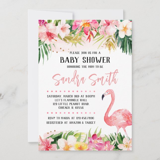 Invitation Baby shower de Flamant rose floral (Devant)