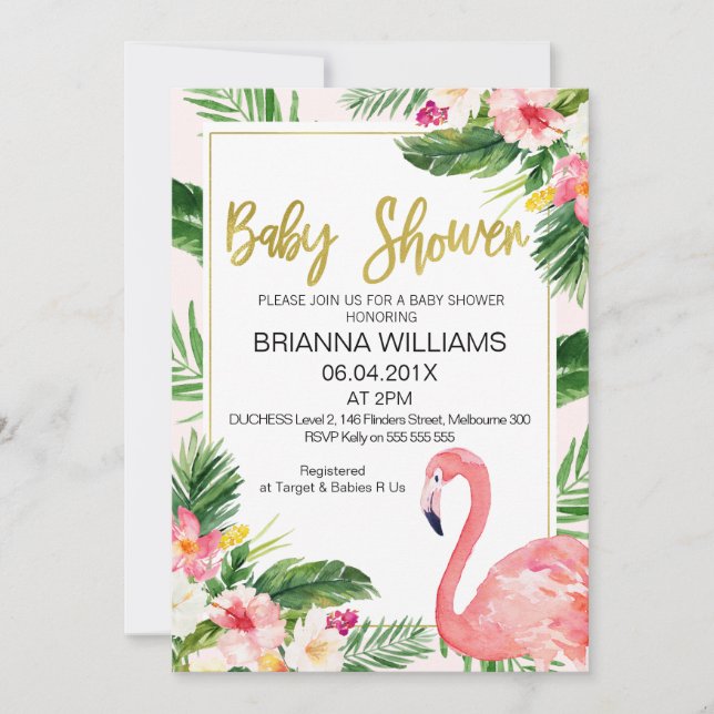 Invitation Baby shower de Flamant rose floral tropical (Devant)