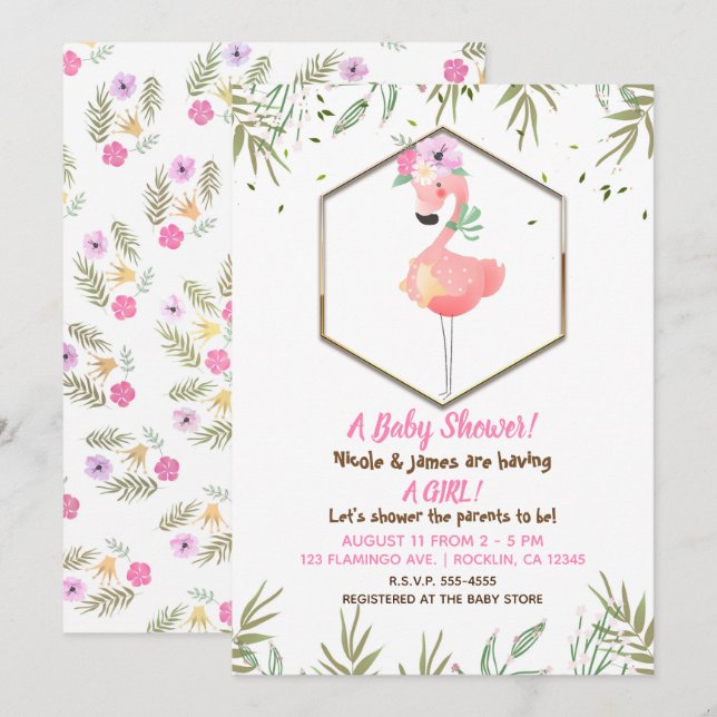 Invitation Baby shower de Flamant rose rose Aquarelle tropica (Devant / Derrière)