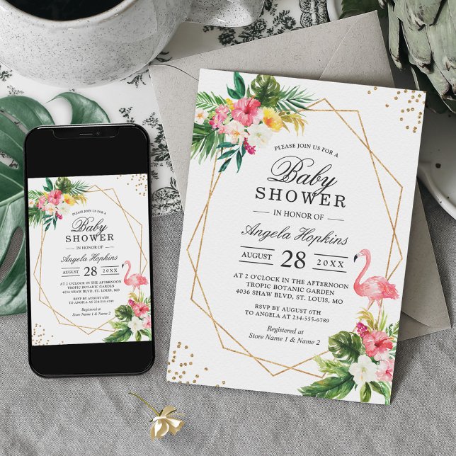 Invitation Baby shower de Flamant rose Tropical Floral Gold F (Créateur téléchargé)