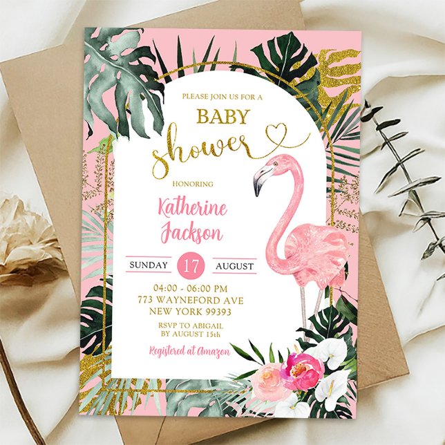 Invitation Baby shower de Flamant rose Tropical Monstera Rose (Créateur téléchargé)