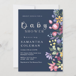 Invitation Baby shower de Fleur sauvage de la marine Blue Wat