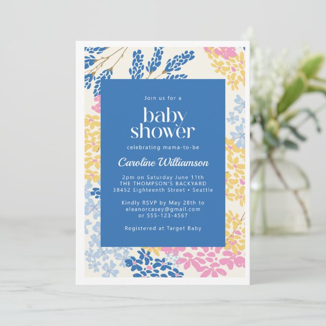 Invitation Baby shower de fleurs bleu et jaune pour l'été (Debout devant)