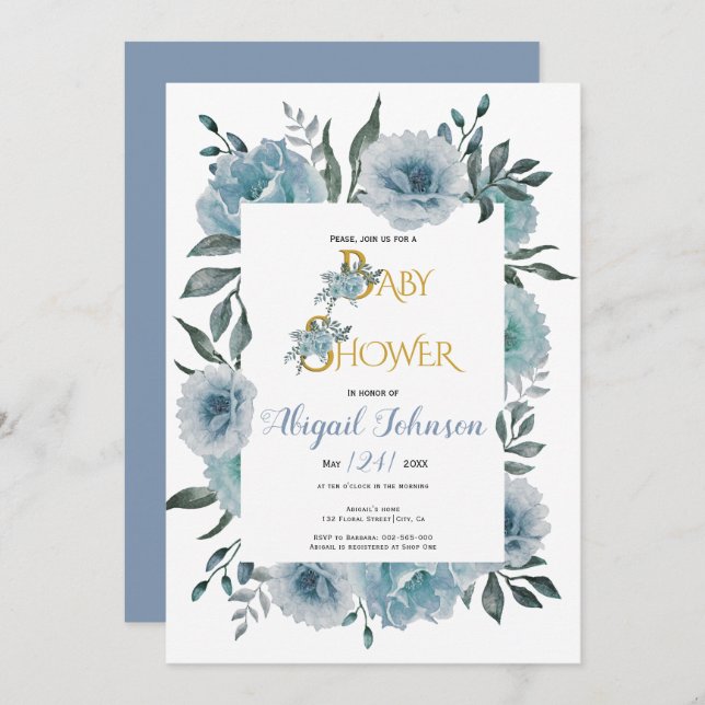 Invitation Baby shower de fleurs bleu foncé pour garçons (Devant / Derrière)