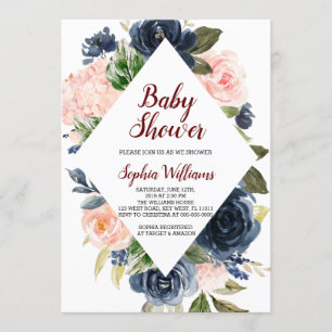 Invitation Baby shower de fleurs bleu marine et rose pâle