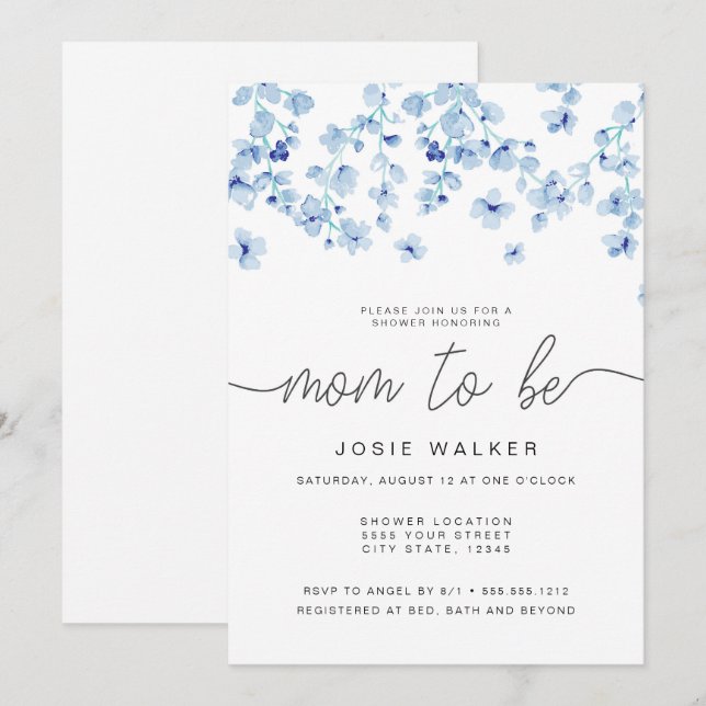 Invitation Baby shower de fleurs bleues (Devant / Derrière)