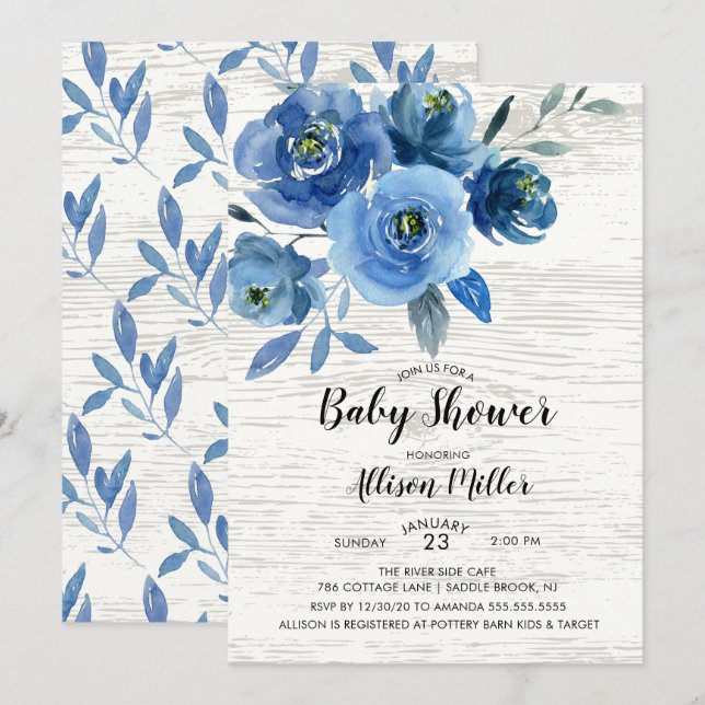 Invitation Baby shower de fleurs bleues rustiques (Devant / Derrière)