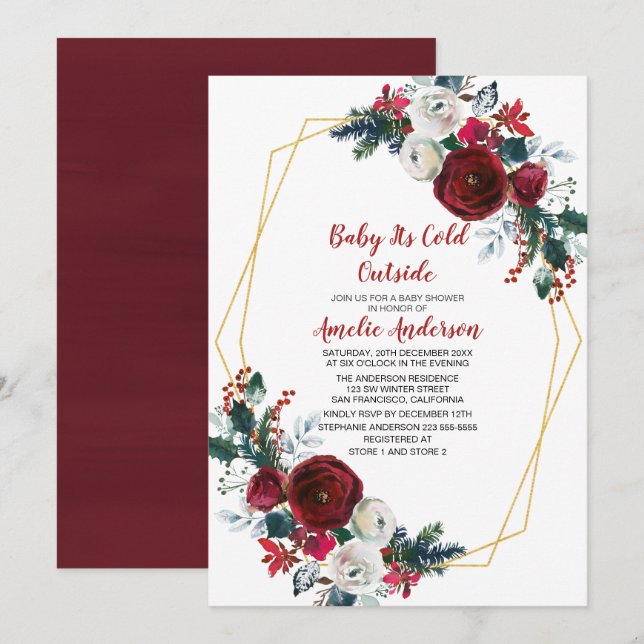 Invitation Baby shower de fleurs bordeaux à cadre géométrique (Devant / Derrière)