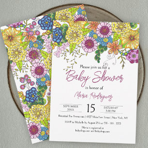 Invitation Baby shower de fleurs colorées vives dessinées à l