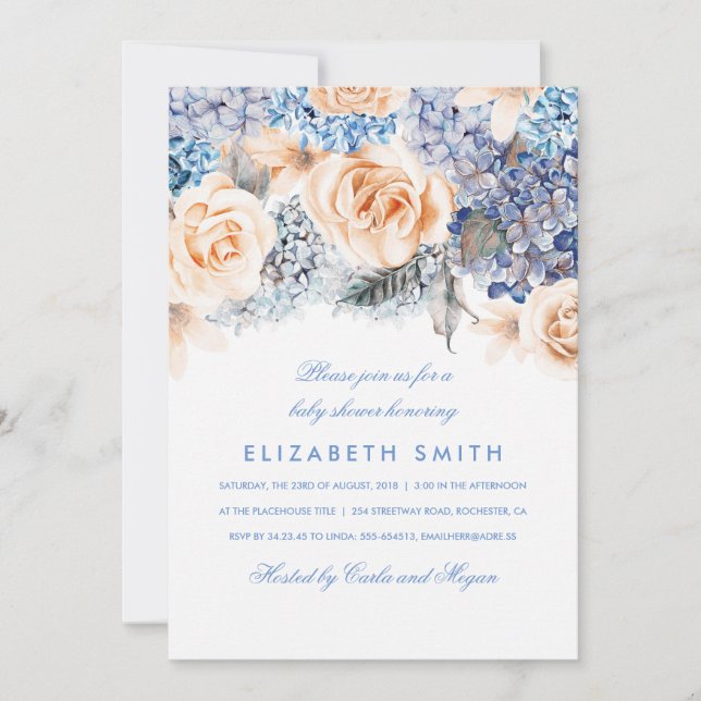 Invitation Baby shower de fleurs d'aquarelle bleu et pêche (Devant)